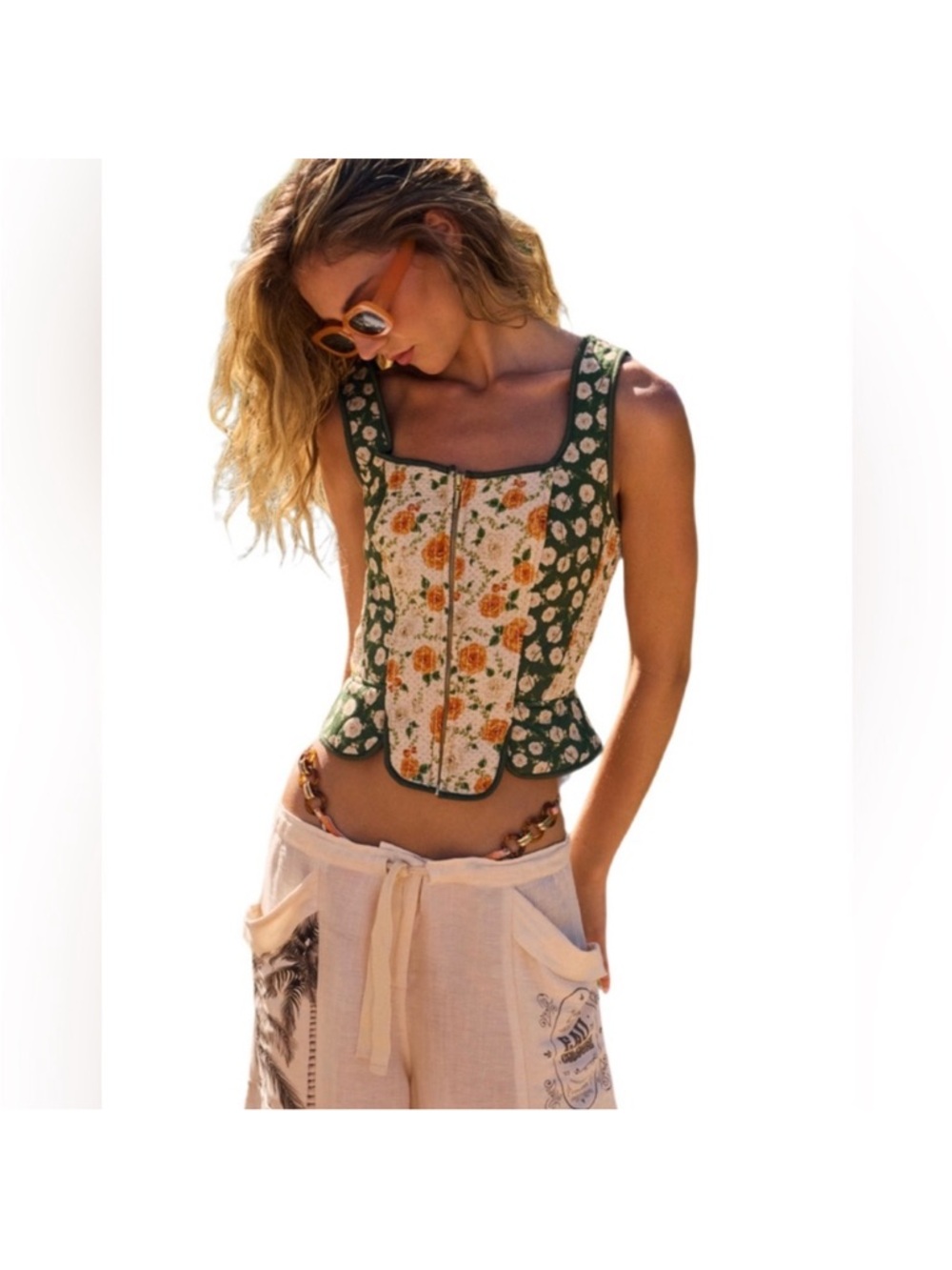 ISO!Agua Bendita Green and Peach Floral Corset Crop Top and palm tree cargos.